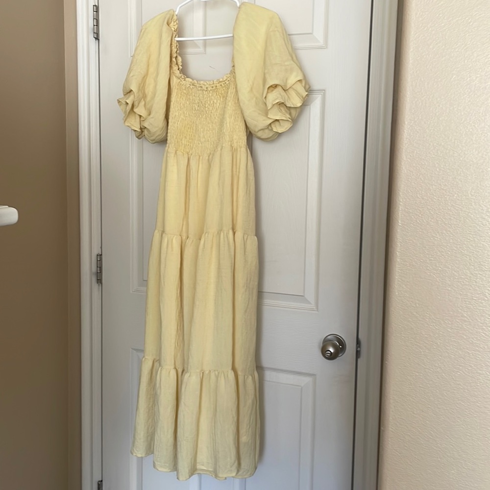 &merci yellow smocked square neck dress